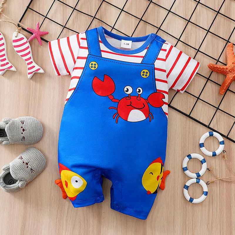 

Одежда для новорожденных, модный комбинезон для малышей с принтом животных и крабов, цельная пижама с короткими рукавами для малышей, боди, летний комбинезон