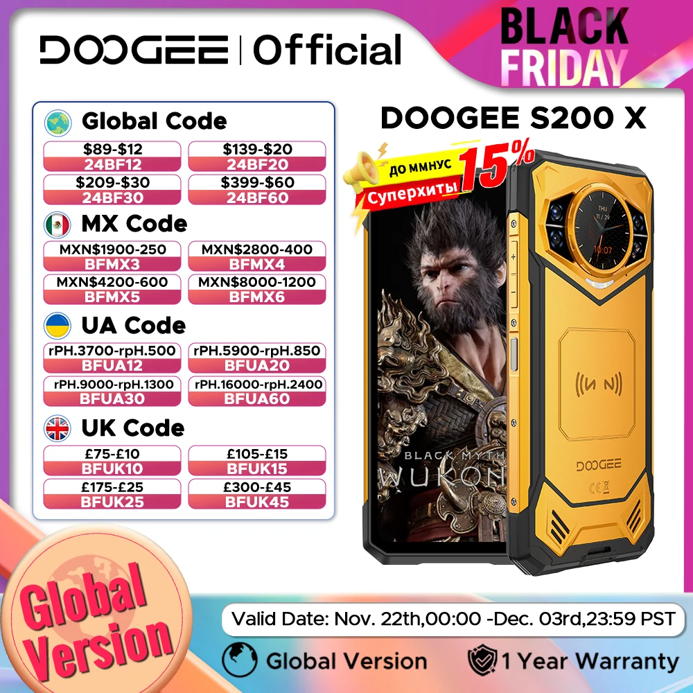 الإصدار العالمي DOOGEE S200 X 5G 32GB 512GB هاتف متين 6.72 "FHD + 120 هرتز عرض MTK الأبعاد 7050 10100mAh بطارية كبيرة NFC