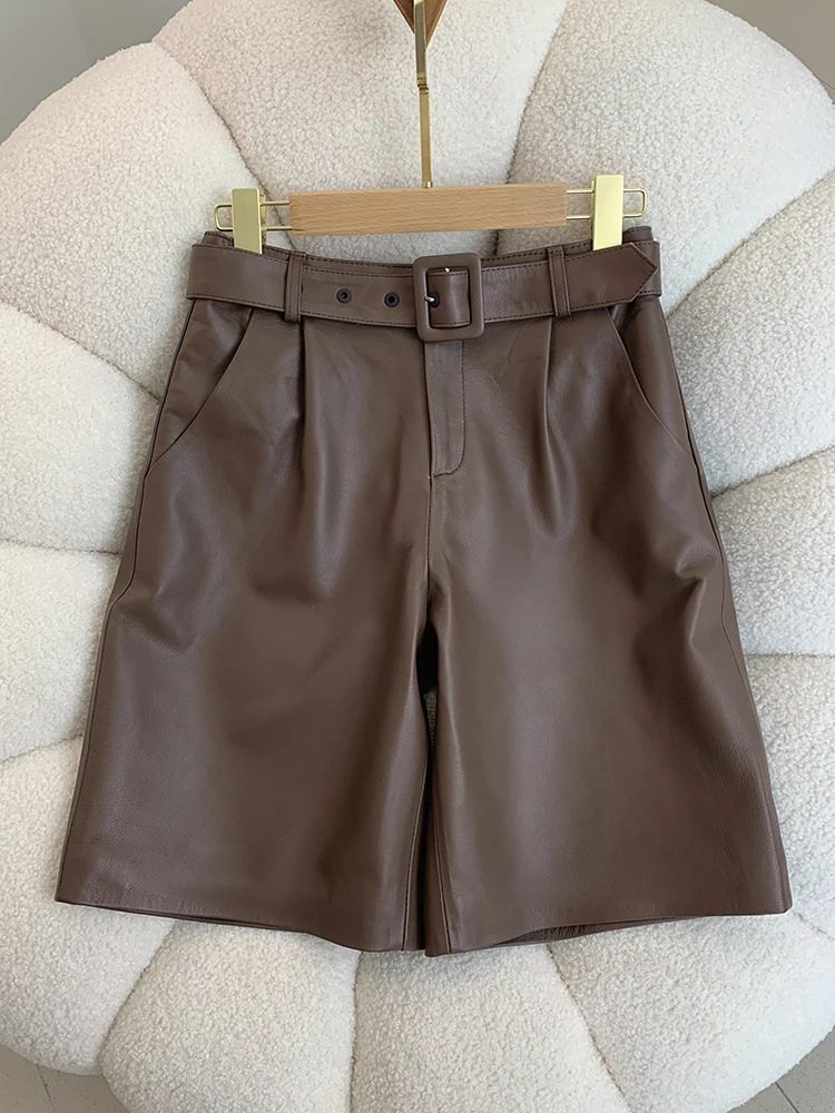 

Europe 2023 Autumn Winter Fashion Women High Quality Genuine-leather High-rise Wide-leg Casual Short Pants C605