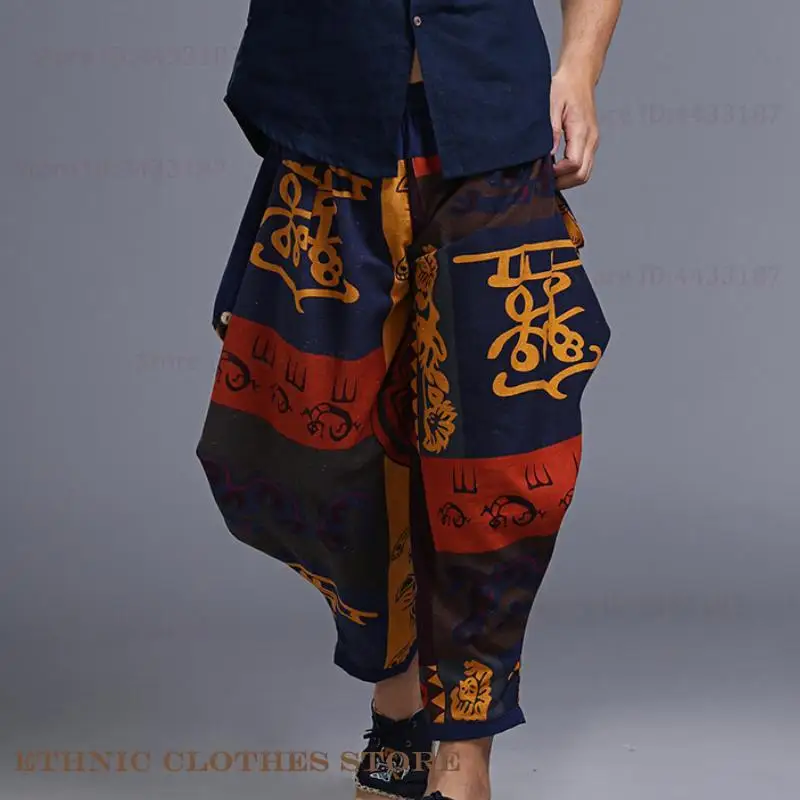 

Retro Men Casual Pants Chinese Style Cotton Linen Bottoms Spring Summer New Loose Male Clothes Print Harajuku Costume Streetwear