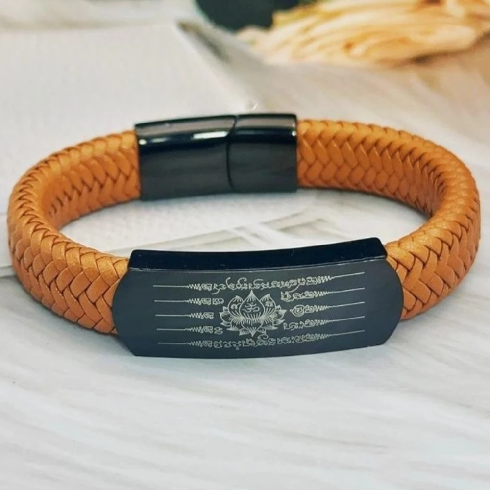 Vintage Leather Bracelets Lotus Five Paths God of Wealth Transporting Amulets Wristband Bracelet Bangle Party Jewelry
