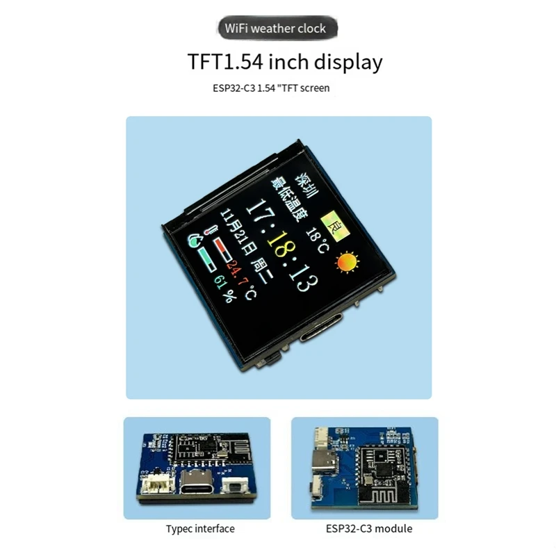 Wifi Weerklok ESP32-C3 1.54 Inch Tft Kleurscherm Temperatuur & Vochtigheid Display Multifunctionele Module