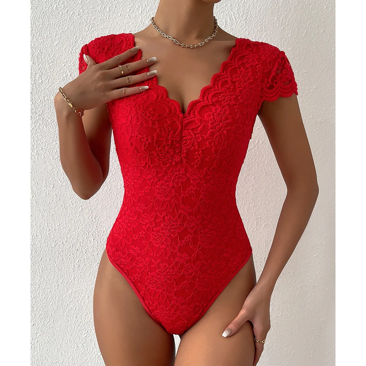 Solid Color Lace Lace See Through Deep V Backless Women's Sexy Bodysuit Jumpsuit Sehe Fashion