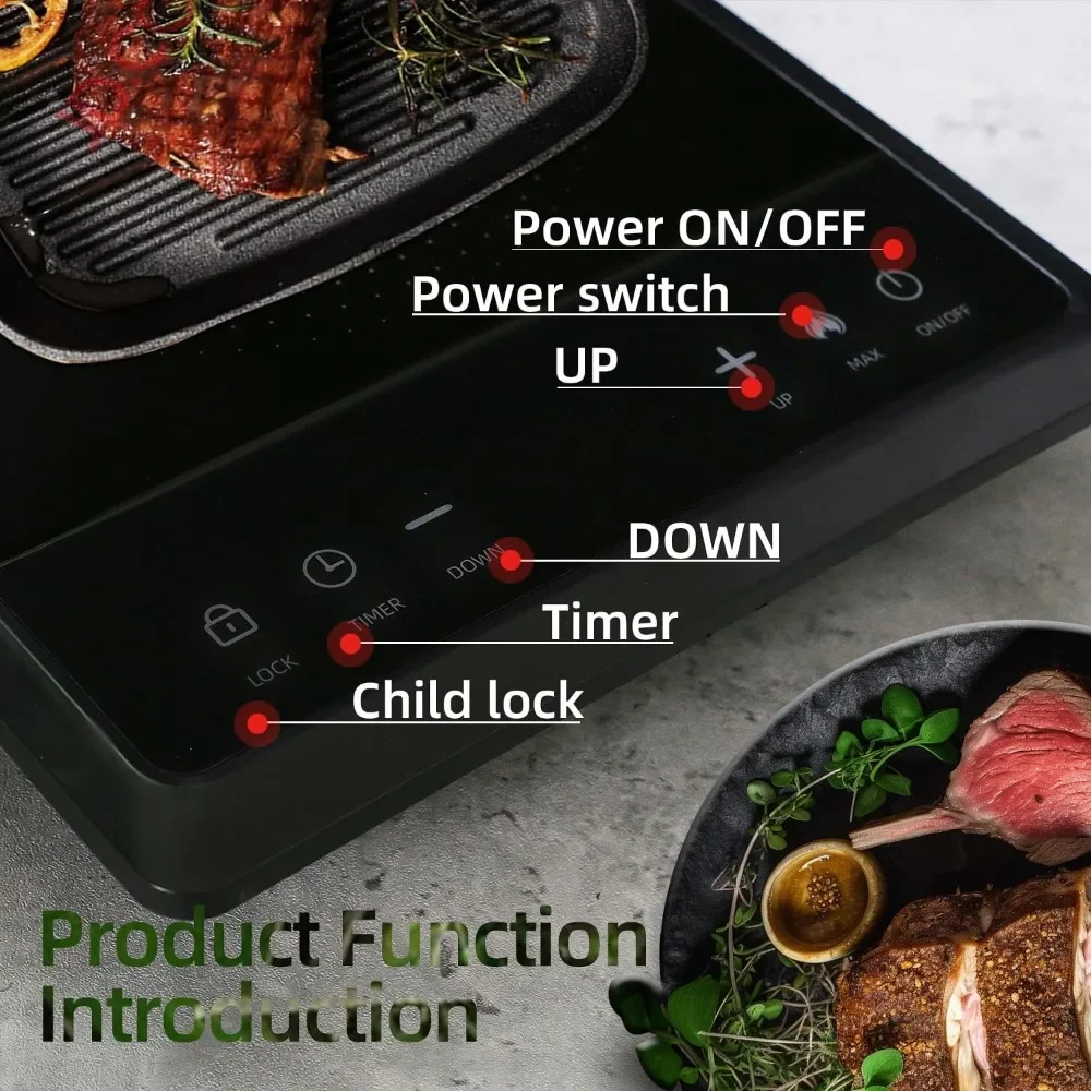 Cocina de Inducción portátil, Cocina de Inducción eléctrica y quemador, temporizador de 3 horas, placa de cocción táctil inteligente y función de bloqueo de seguridad, negro