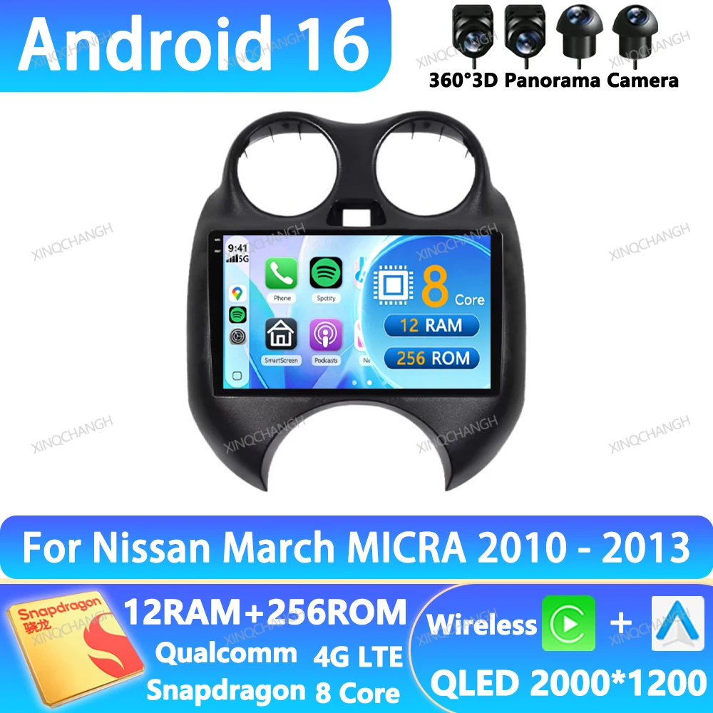 Radio para Auto Android 16 para Nissan March MICRA 2010-2013, BT, QLED, 2DIN, Reproductor Multimedia Estéreo, Navegación, Qualcomm GPS, BT