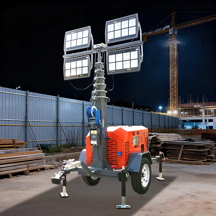 Mobile Light Tower 9m Trailer Mounted LED Lighting Mast Diesel Generator for Construction Road Work Customized