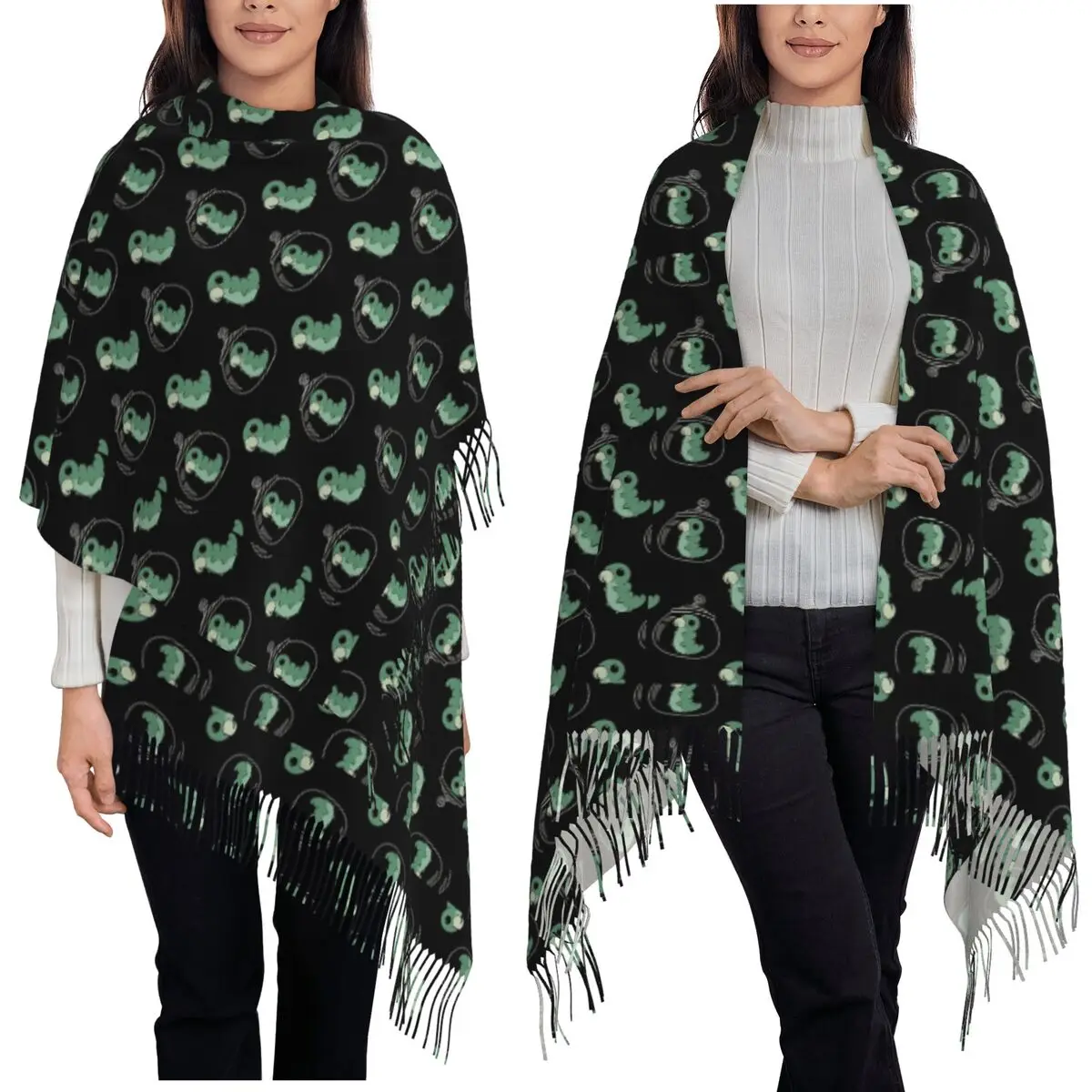 Hollow Knight Grub Pattern Scarf Tassel Scarves for Women Soft Warm Shawls and Wraps Long Fall Winter Shawl Wrap