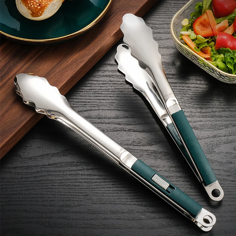 Stainless Steel Food Barbecue Grill Tongs Buffet Clip Non-Stick Clamp Sliding Button Kitchen Cooking Accessories