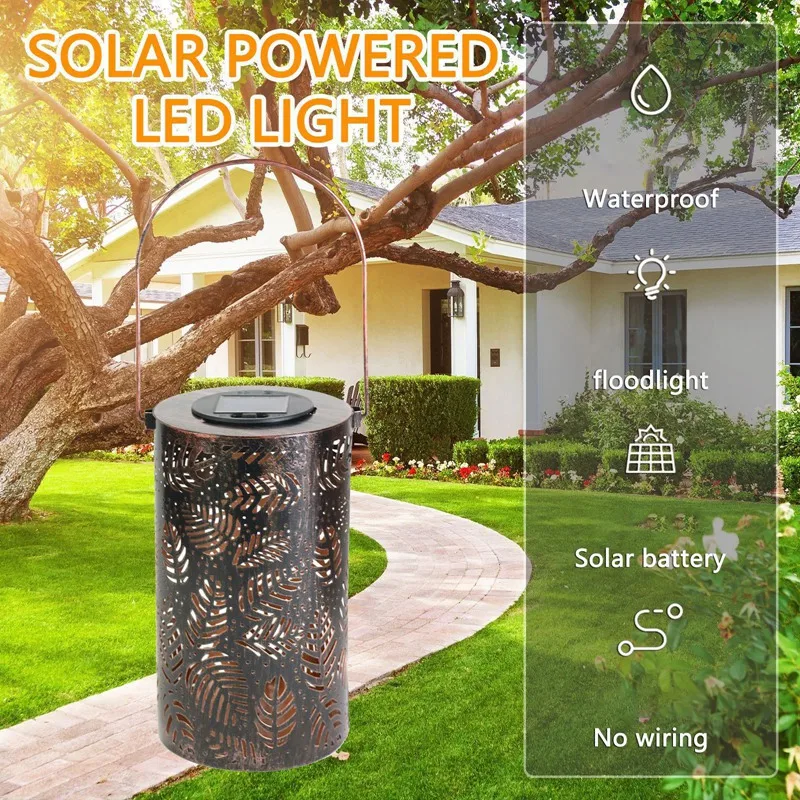 

Retro Solar Lantern Lights Outdoor Garden Hanging Lights Metal Leaf Pattern Lights Lamp For Courtyard Walkway