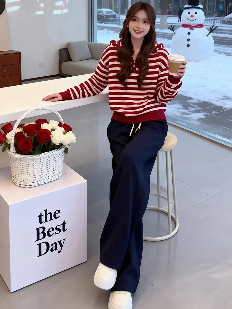 

Spring 2026 Women's Korean Style Red Striped Sweatshirt Wide Leg Pants Casual Sport Two Piece Set Comfortable Long Sleeve Hoodie