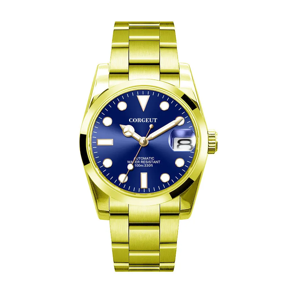 

36mm/39mm Corgeut Japan NH35 MIYOTA 8215 Automatic Men Watch Gold Oyster Strap Sterile Blue Dial Sapphire Crystal