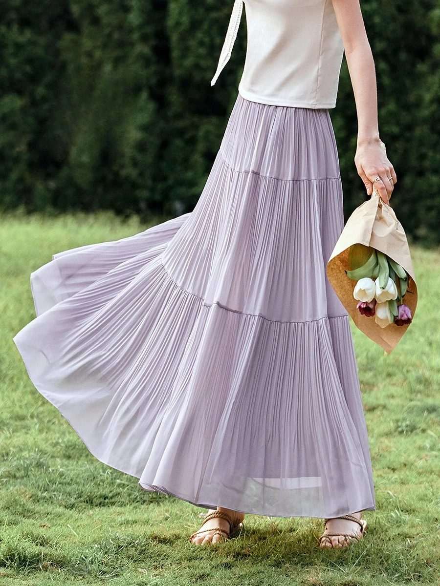 

OLrain Women's Summer 2025 French Long Pleated Skirts High-waisted Ladies Streamer Pleated Satin A-line Woman Skirt O57XB99696