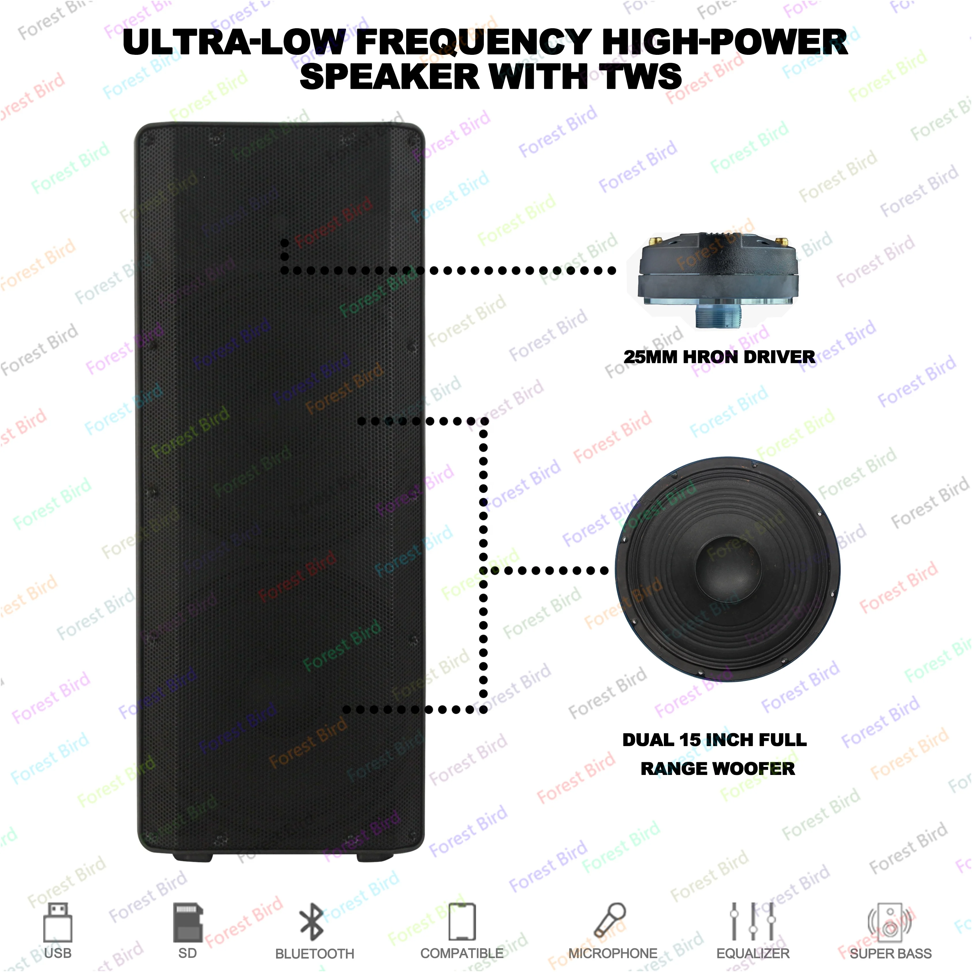 2000 Watts professional sound Dual 15 inch Subwoofer Active 2-Way Battery DJ/PA System Karaoke TWS-Mic+FM+Rc+ECHO