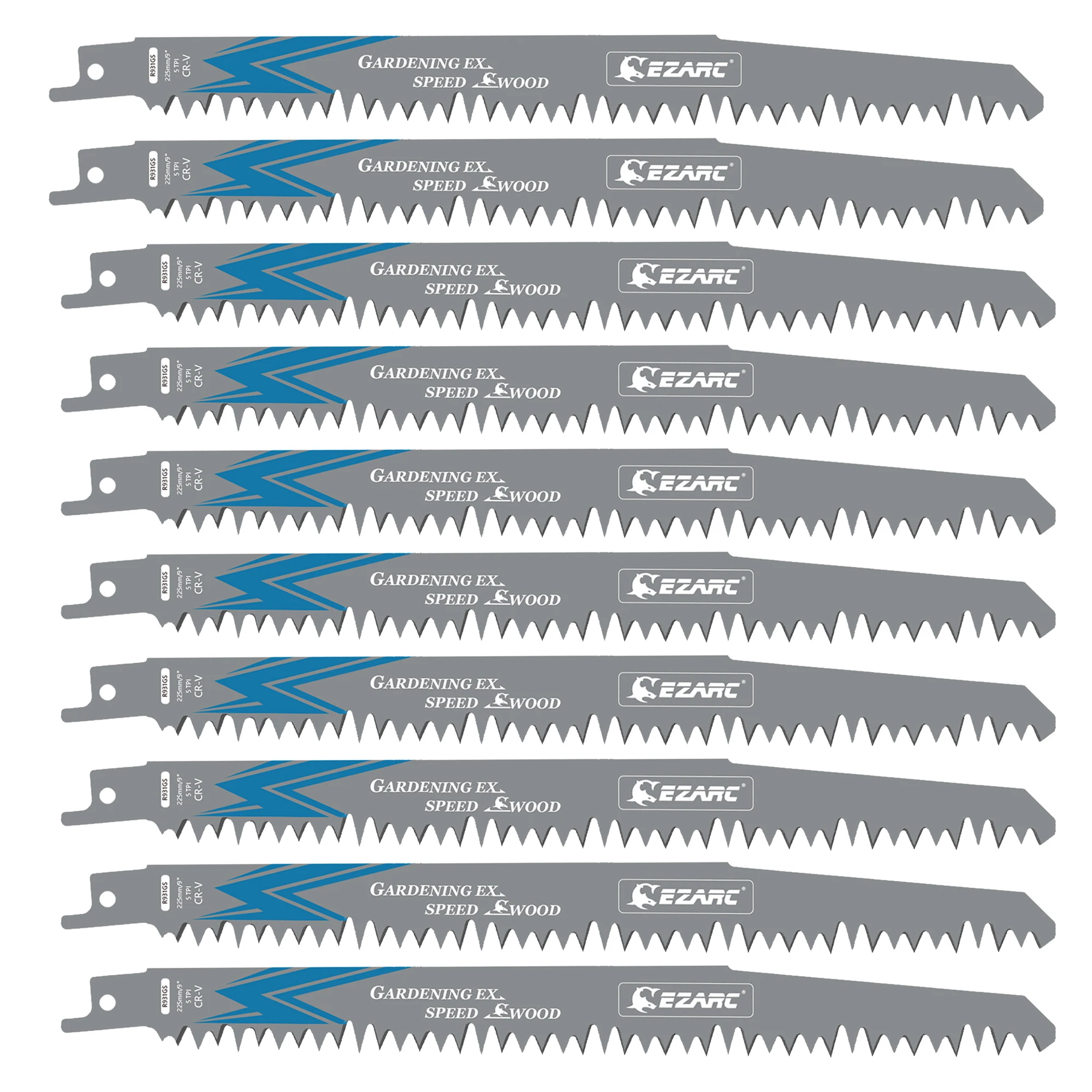 EZARC 10pcs 9inch Wood Pruning Reciprocating Saw Blades, 225mm 5TPI Recip Saw Blades for Wood, Plastic, Cr-V Ground Sharp Teeth