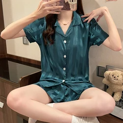 Silk Pajamas Women Summer Short Sleeve Shorts Suit Solid Satin Thin Ladies Large Size Casual Luxury Cardigan Homewear Sexy Pjs