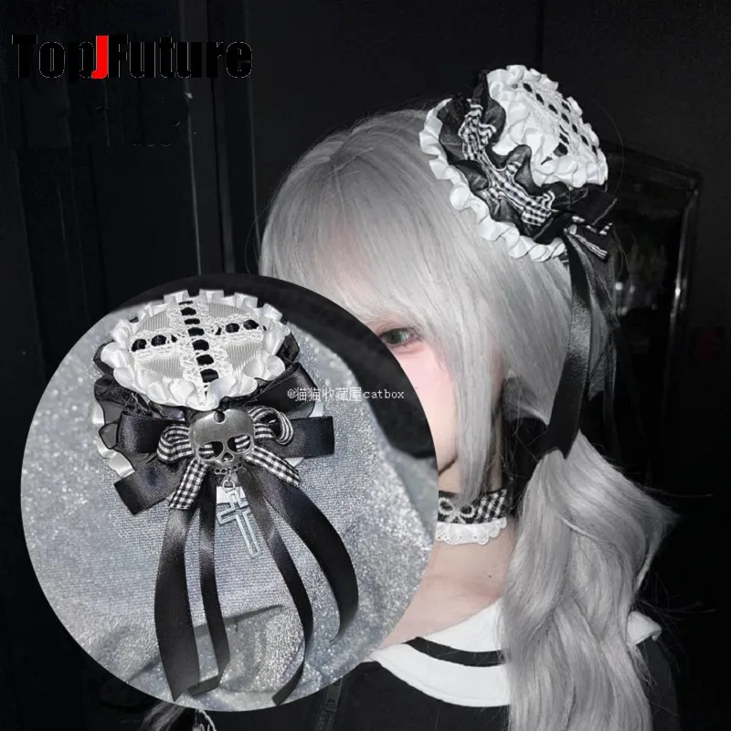 Subculture Y2K Girls lace dark Punk Gothic Black and white check flounce organza skeleton Small hat Hair accessories headwear