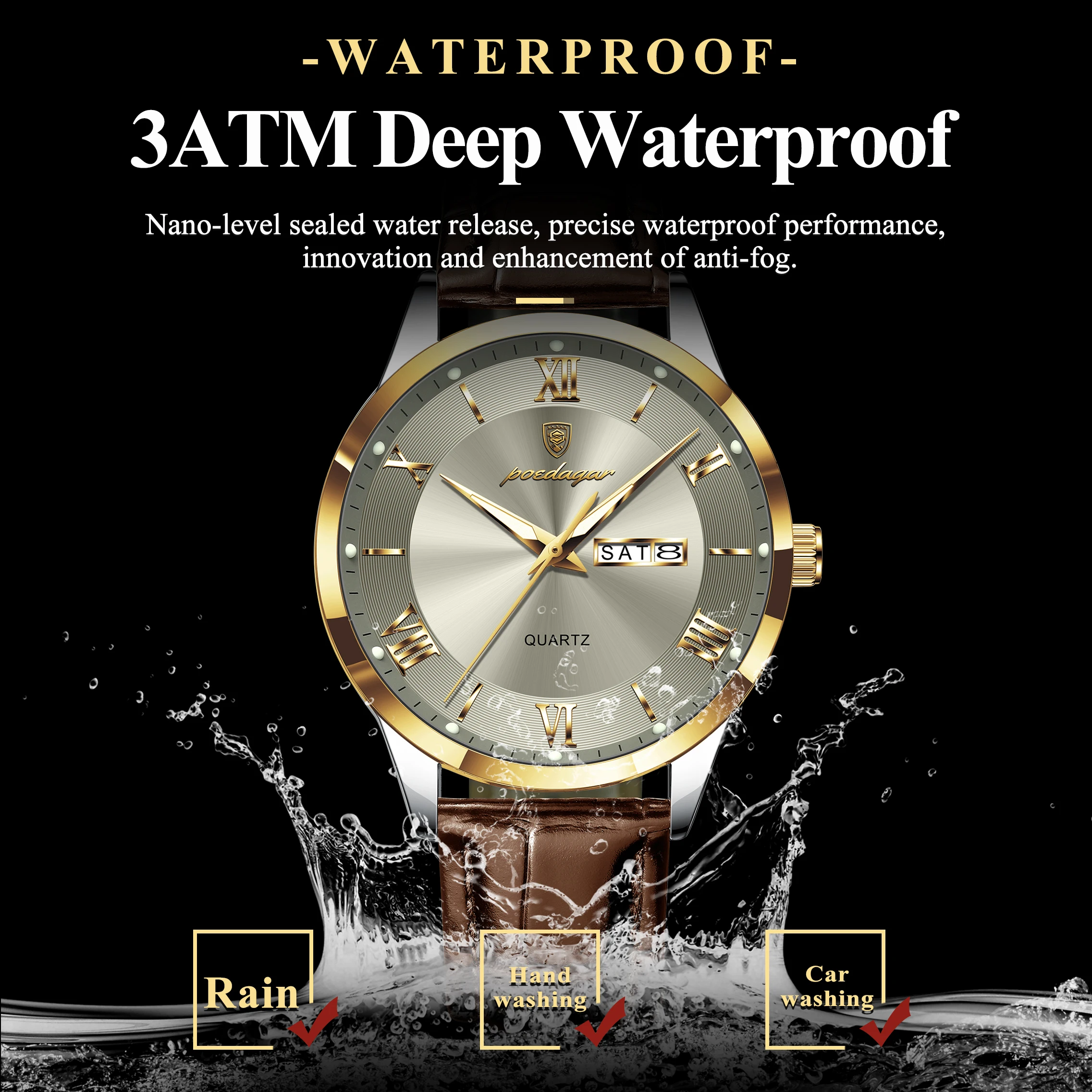 POEDAGAR Original Fashion Men's Watches Leather Date Week High Quality Quartz Men Wristwatch Waterproof Luminous Business Watches For Man Male Reloj image 4