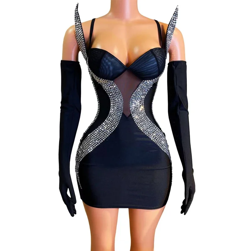 فستان سهرة بأحجار الراين السوداء للنساء للحفلات والاحتفال بشريط Ds Dj مرحلة مهرجان الزي حفلة موسيقية ملابس الرقص