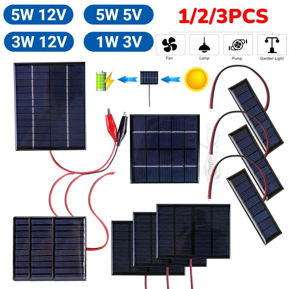 Panel Solar de 5W, 12V, 1W, 3V, Mini célula Solar de polisilicio con Cable, Mini módulo de Panel Solar para lámpara, ventilador, bomba, cargador de batería DIY