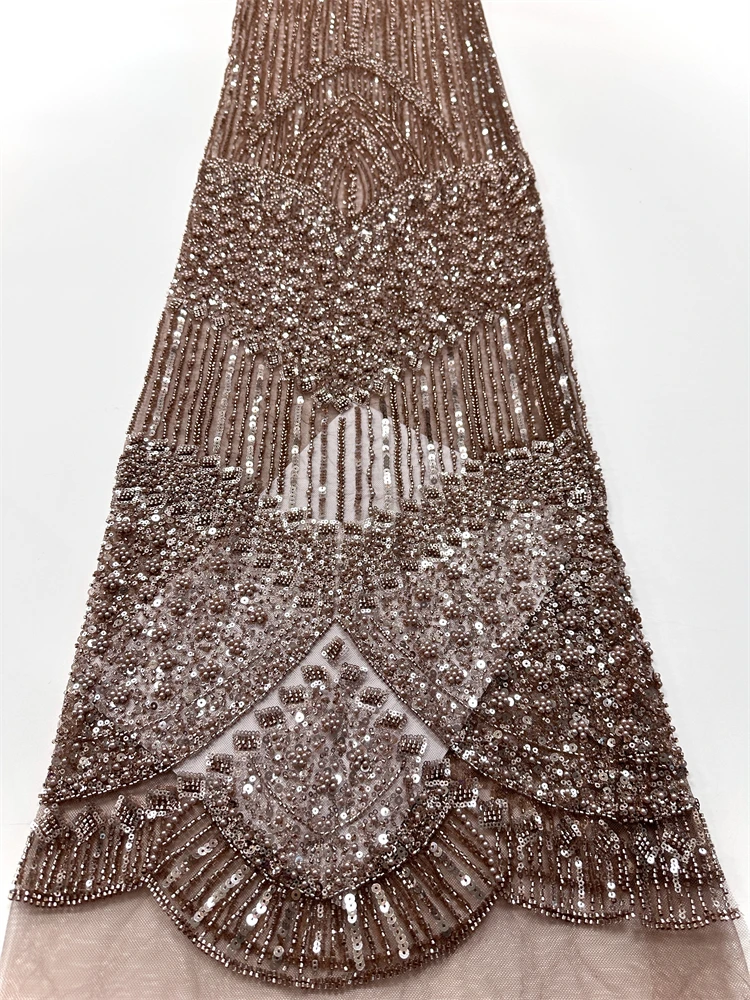 

Luxury African Heavy Beads Lace Nigerian Tulle Fabric 2025 High Quality French Sequins Embroidery Fabric For Wedding Sewing