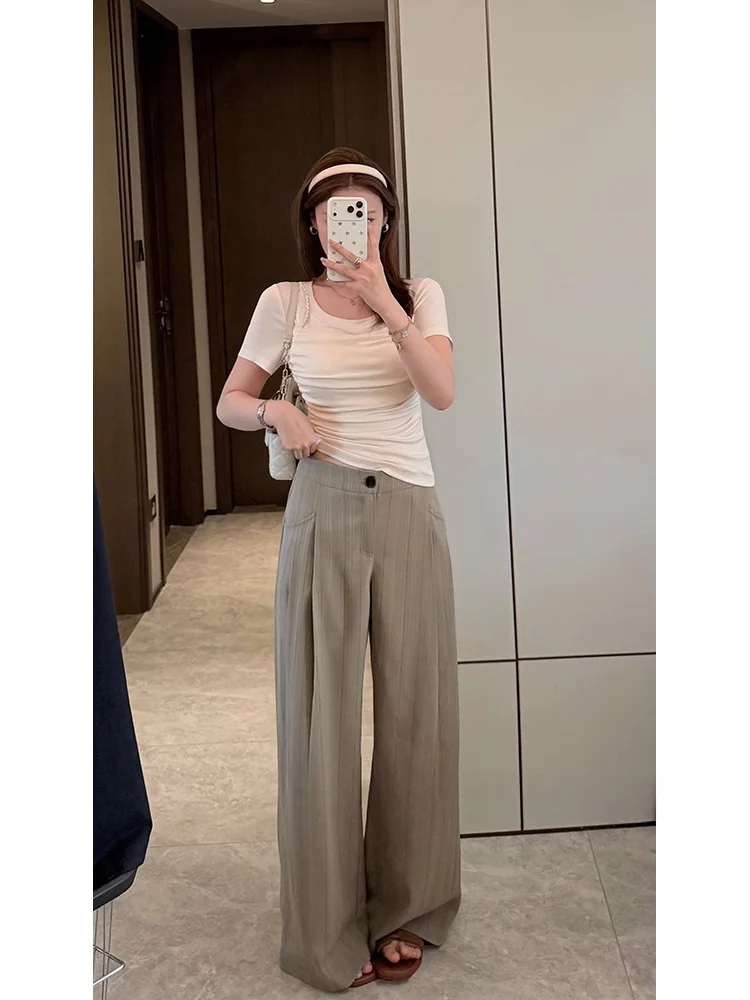 

Легкие дышащие брюки в полоску с драпировкой и широкими штанинами для женщин, повседневные, летние, 2026 года, от Wang Diding