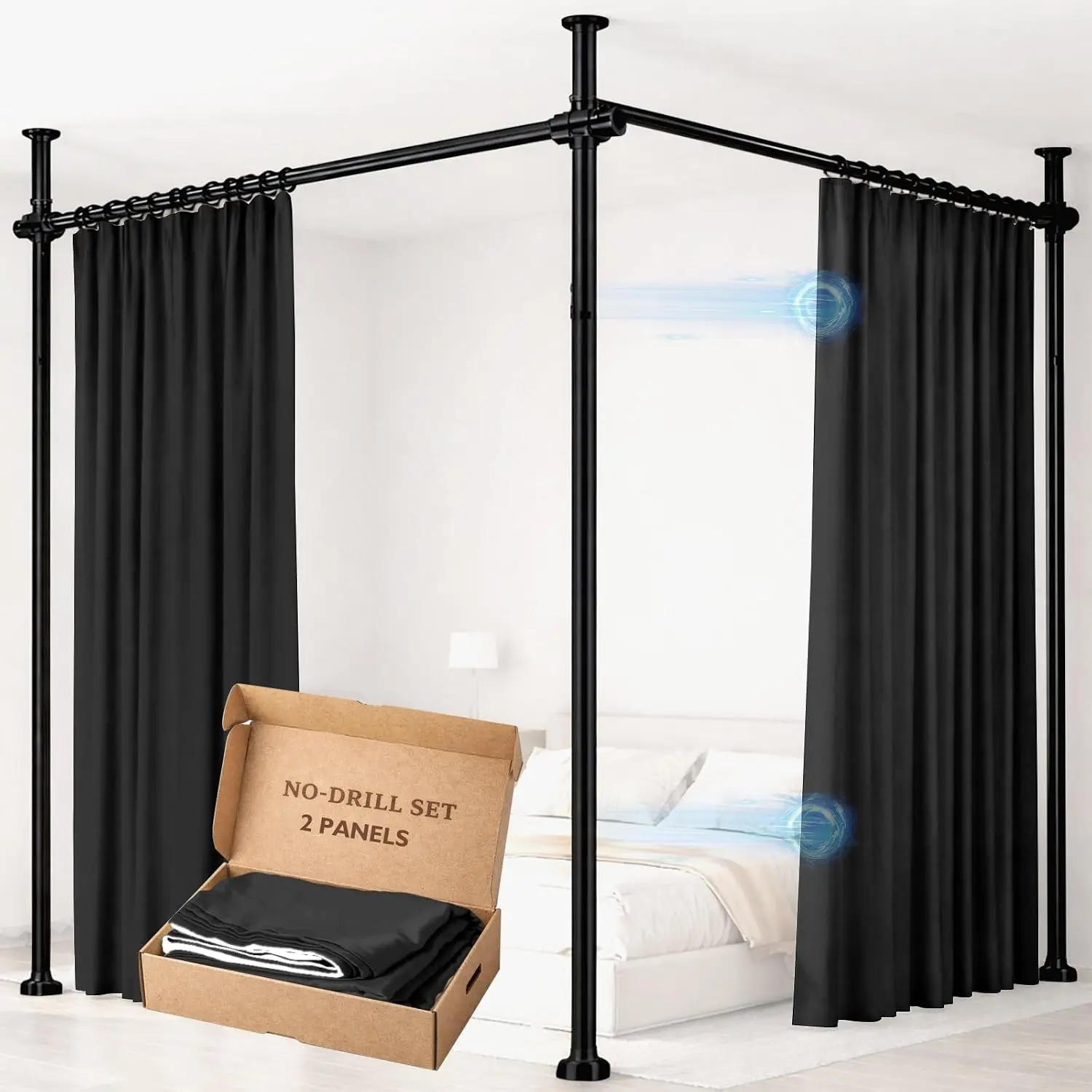 96 Inch Length Black No Drill Adjustable Curtain Rod Sound Privacy Room Divider Curtain 2 Panels Indoor Partition Screen For Bedroom Space Separation
