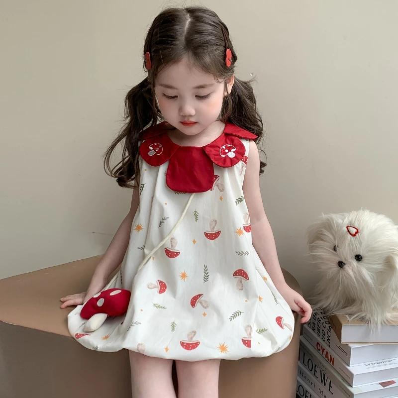 

Girl's 2025 Summer New Mushroom Pattern Cute Embroidered Collar Cotton Flower Bud Skirt