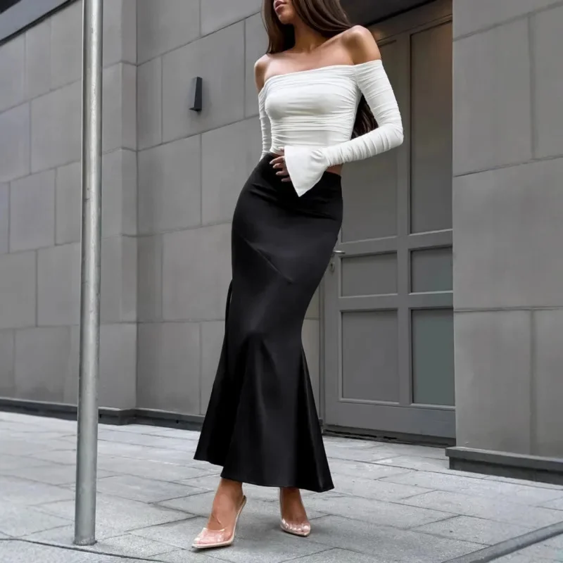 

Autumn Winter Black Long Skirt With High Waist Design Trendy Mermaid Silhouette Office Lady Bodycon Slim Elegant Daily Outfit