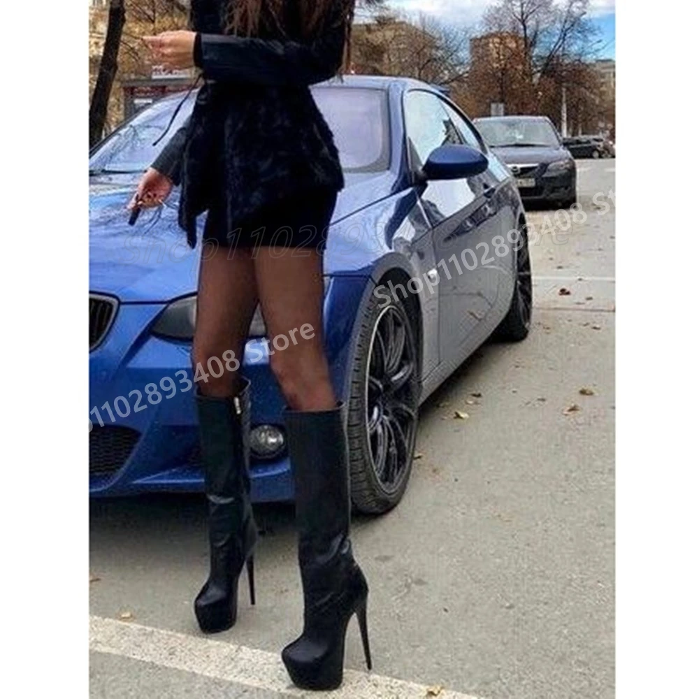 

Black Sexy Inside Platform Mid Calf Boots Matte Leather Side Zipper Hot Girls Fashion Concise 2025 New Women Shoes Para Mujere