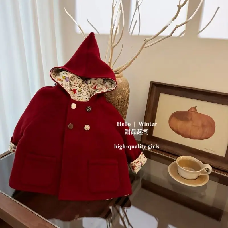 

Kids Clothes Warm Warm Winter Thick Baby Girl Cotton Sweet Reversible Woolen Hooded Outwear Bow Sweet Princess Red Jacket Coat