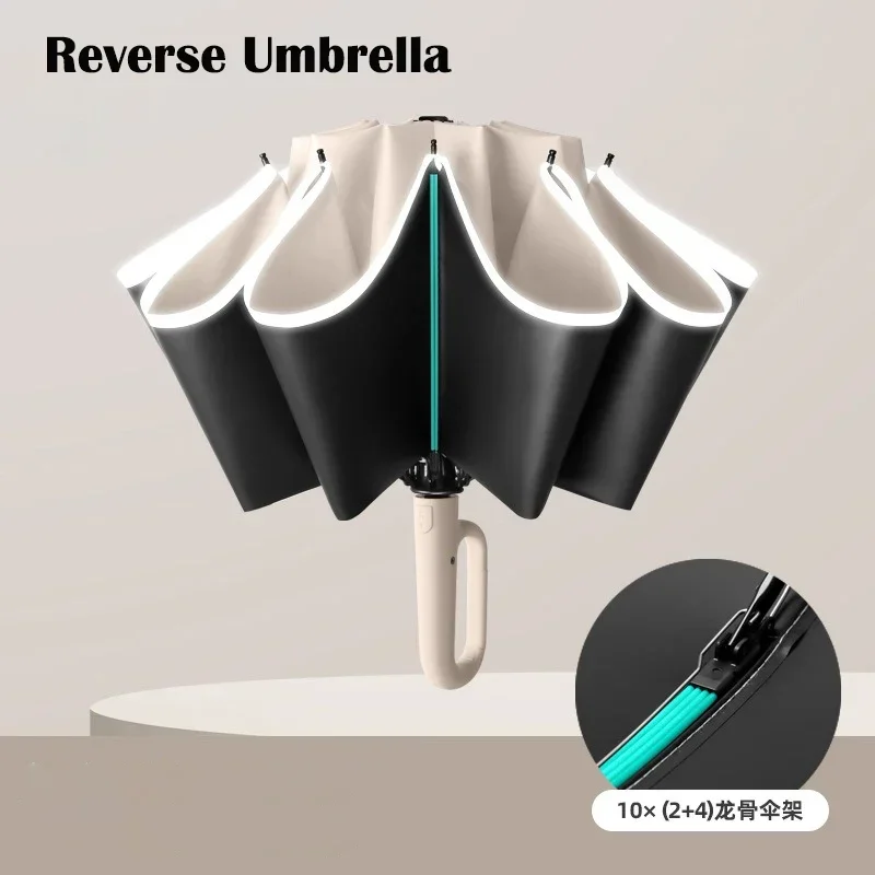 

60K Buckle Men Women Umbrella Fully Automatic Reverse Folding Umbrella with Windproof Reflective Stripe UV Umbrellas