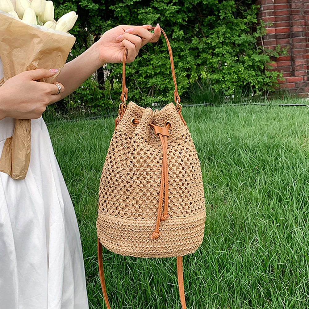 

Summer Hand-Woven Handbag Drawstring Woven Messenger Bag Adjustable Strap Fashion Simple Portable Elegant for Weekend Vacation