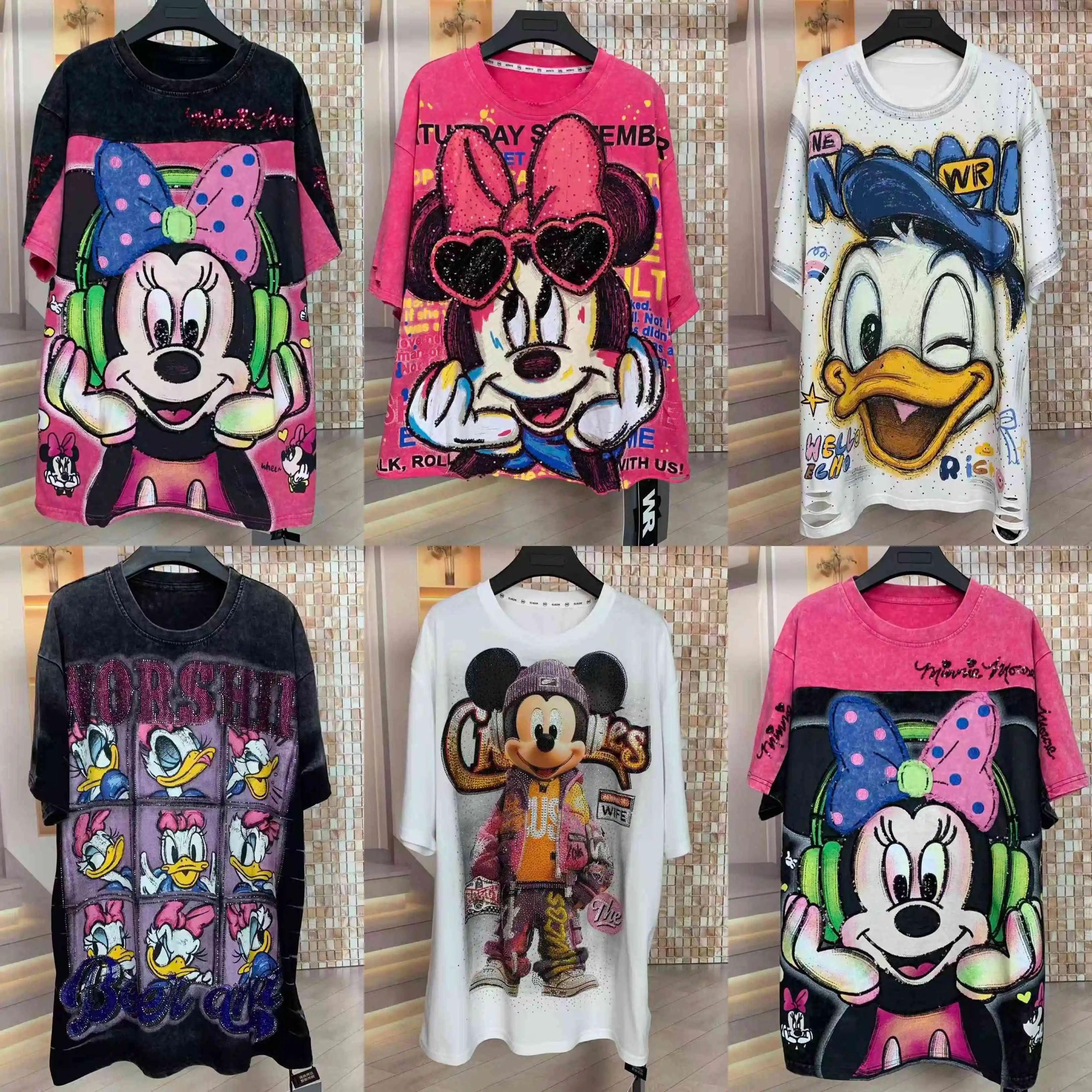European and American trendy brand fashion new heavy industry full diamond letter cartoon printed loose short sleeved T-shirt
