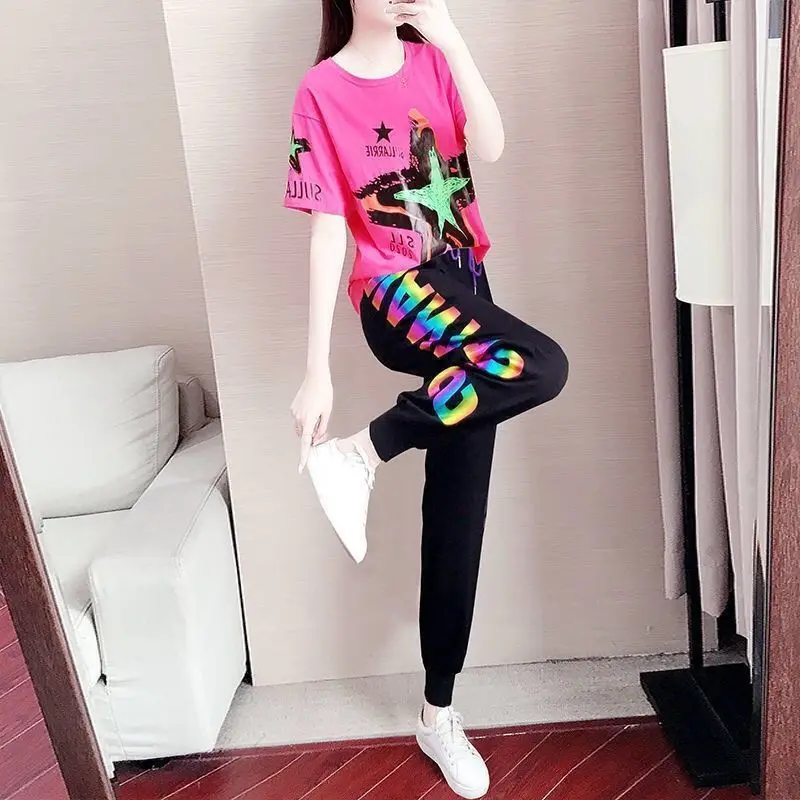 Women\'s 2023 Spring Summer New Casual Sports Suit Short Sleeved Printed T Shirt And Harem Pants Two Piece Set For Women Clothing