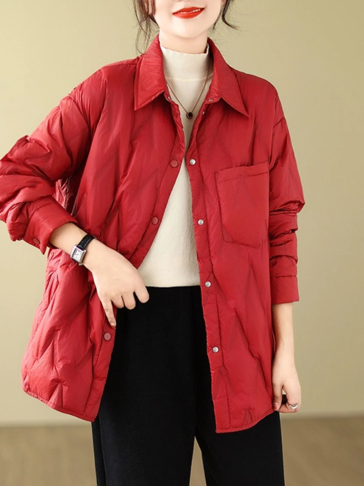 

Faionable Thiened down Cotton Jaet Women's Collar Coat Retro Sle Long Sve Regular Length Loose Fit Winter Out...
