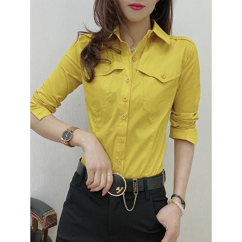 2024 New Fall Winter European Clothes Shirts Office Lady Pockets Blouses Fashion Sexy Button Up Women\'s Long Sleeve Tops V1695