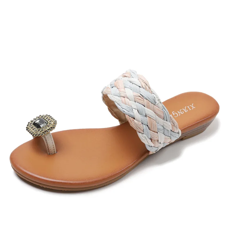 

Wedge Slide Sandals Toe-Overlapping Outdoor Wear Flat Heel Woven Diamond Beach Slippers for Women