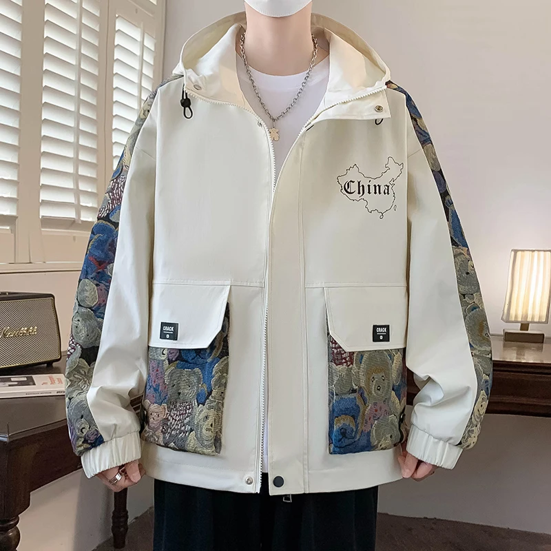 

Trendy Youth Spring Autumn Jaet Men's Casual Loose Workwear Hooded Windbreaker Polyester Nylon Zipper ket Anti-Wrinkle