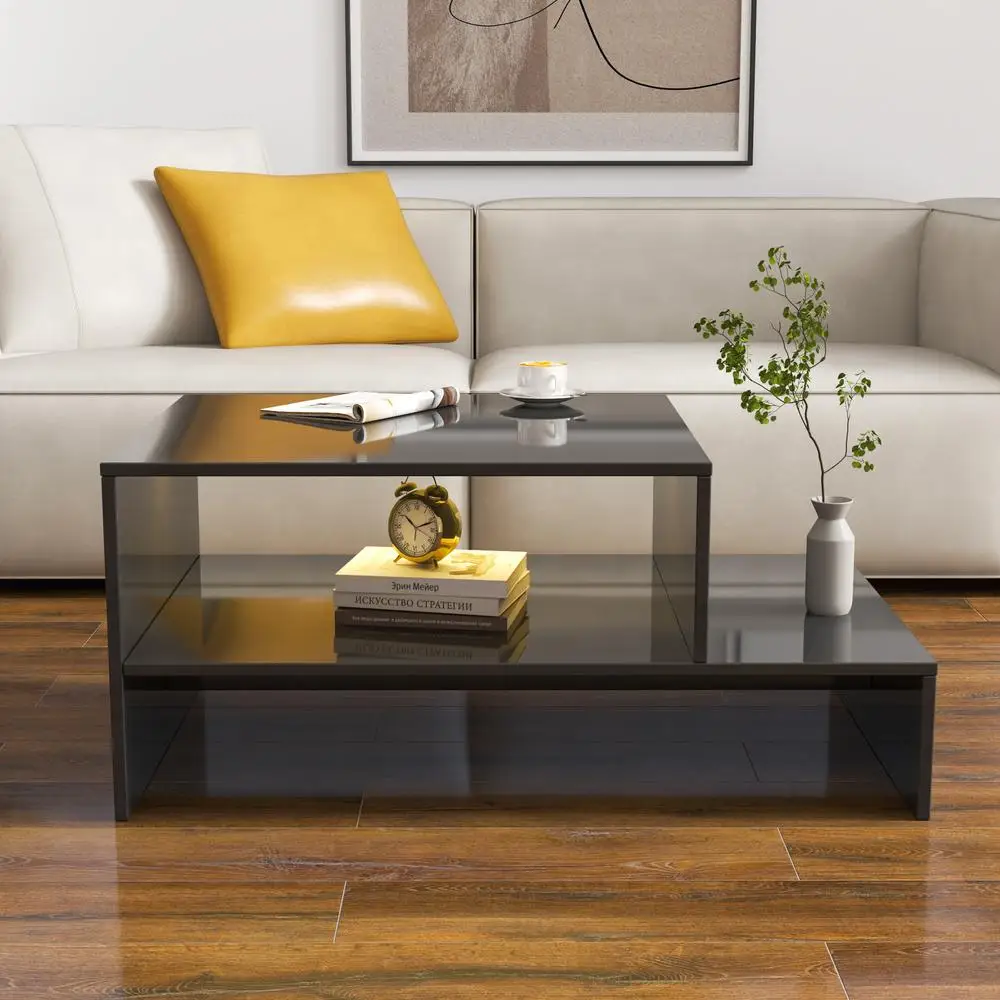 

Modern Black Architectural Coffee Table with Open Storage Unique Design Living Room Furniture