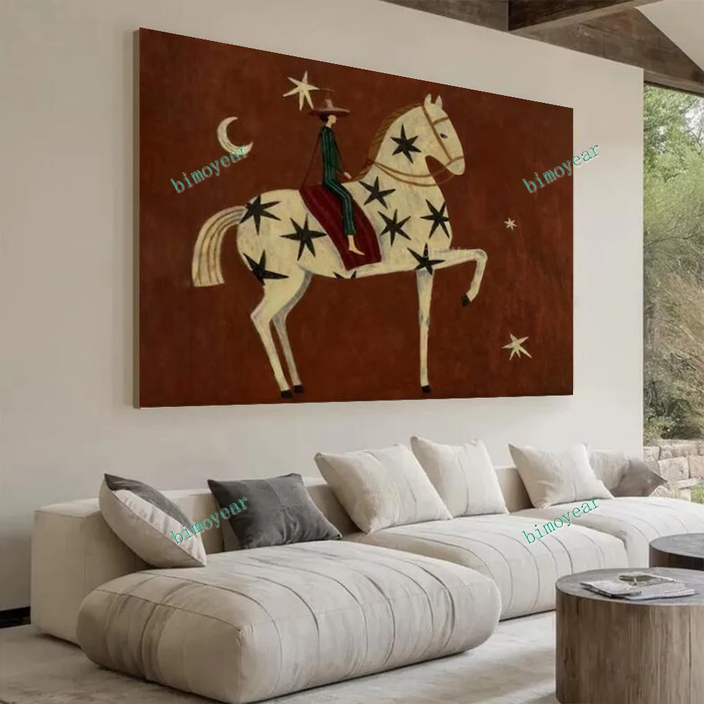 Modern Abstract Horse Rider Painting Vintage Minimalist Figurative Wall Art Large Textured Canvas Art