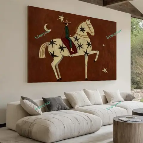 Modern Abstract Horse Rider Painting Vintage Minimalist Figurative Wall Art Large Textured Canvas Art