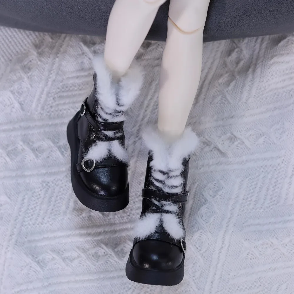 BJD Doll Shoes Internal Length 6.3 x 2.6cm White Black Round Toe Heart-Shaped Strap Hairy Boots For 1/4 BJD MSD MDD Accessories