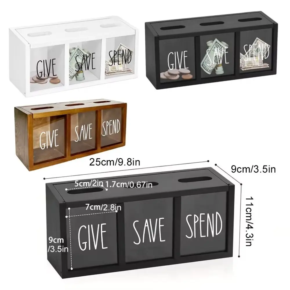 3 Compartments Wooden Money Saving Box Wall-Mount Design Large Capacity Saving Money Jar Reusable Decorative Money Container - view 6