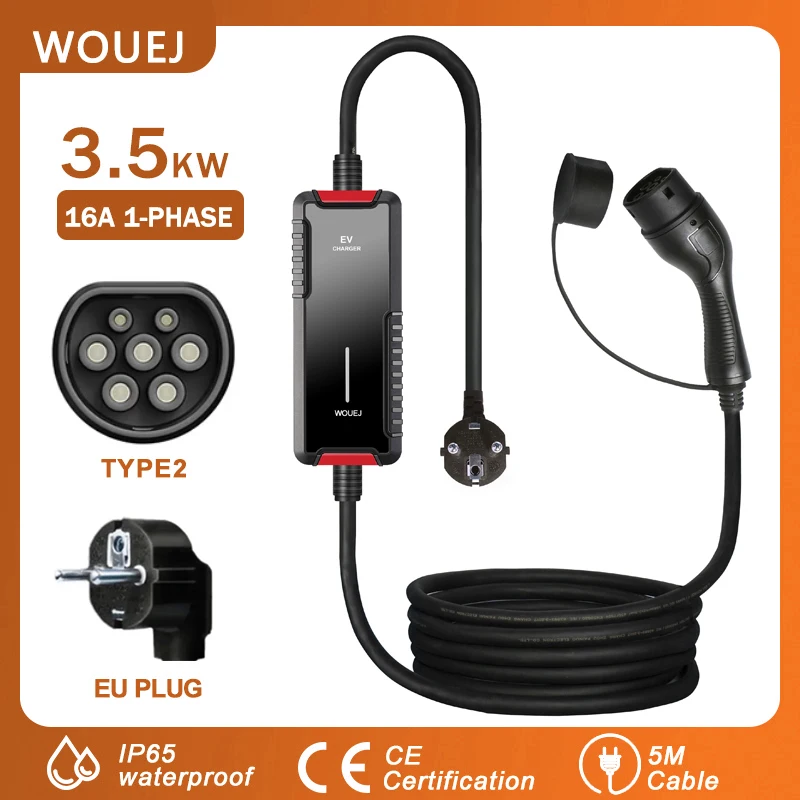 WOUEJ Portable EV Charger 3.5KW Type2 16A  1 Phase for Electric Car 6A-16A 5 Meters with EU Power Plug