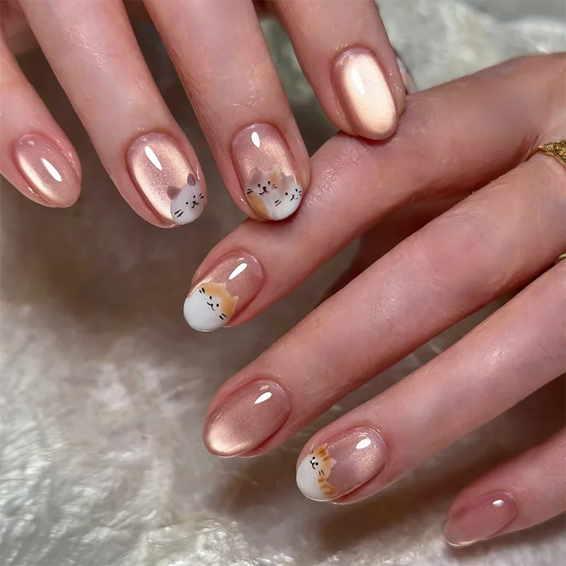 

30pcs Press on Nails Cat Eye Cartoon Design False Nail for Women&Girl Short Oval Full Coverage Nail Tips Removable Wearable Nail