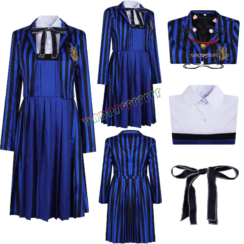 

Anime Enid cosplay blue school uniform blue coat dress bow Halloween carnival night costume