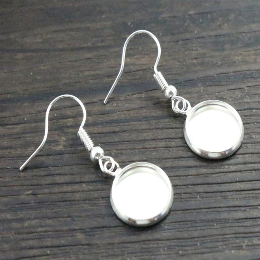 12mm 10pcs/Lot Tray Bezel Cabochon Earring Hook Blank Setting Round Pendant Ear Base Findings For DIY Glass Cameo Jewelry Making