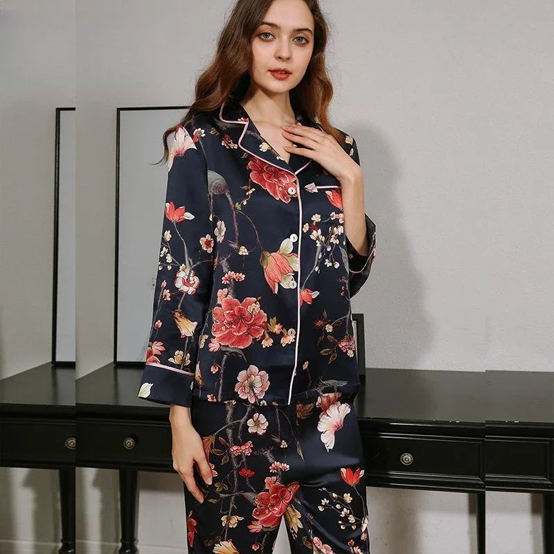 Ensemble pyjama en satin mûrier imprimé floral, vêtements de nuit, vêtements de nuit trempés, bouton vers le bas, manches longues, pantalon en Y, inj2 pièces, 100%