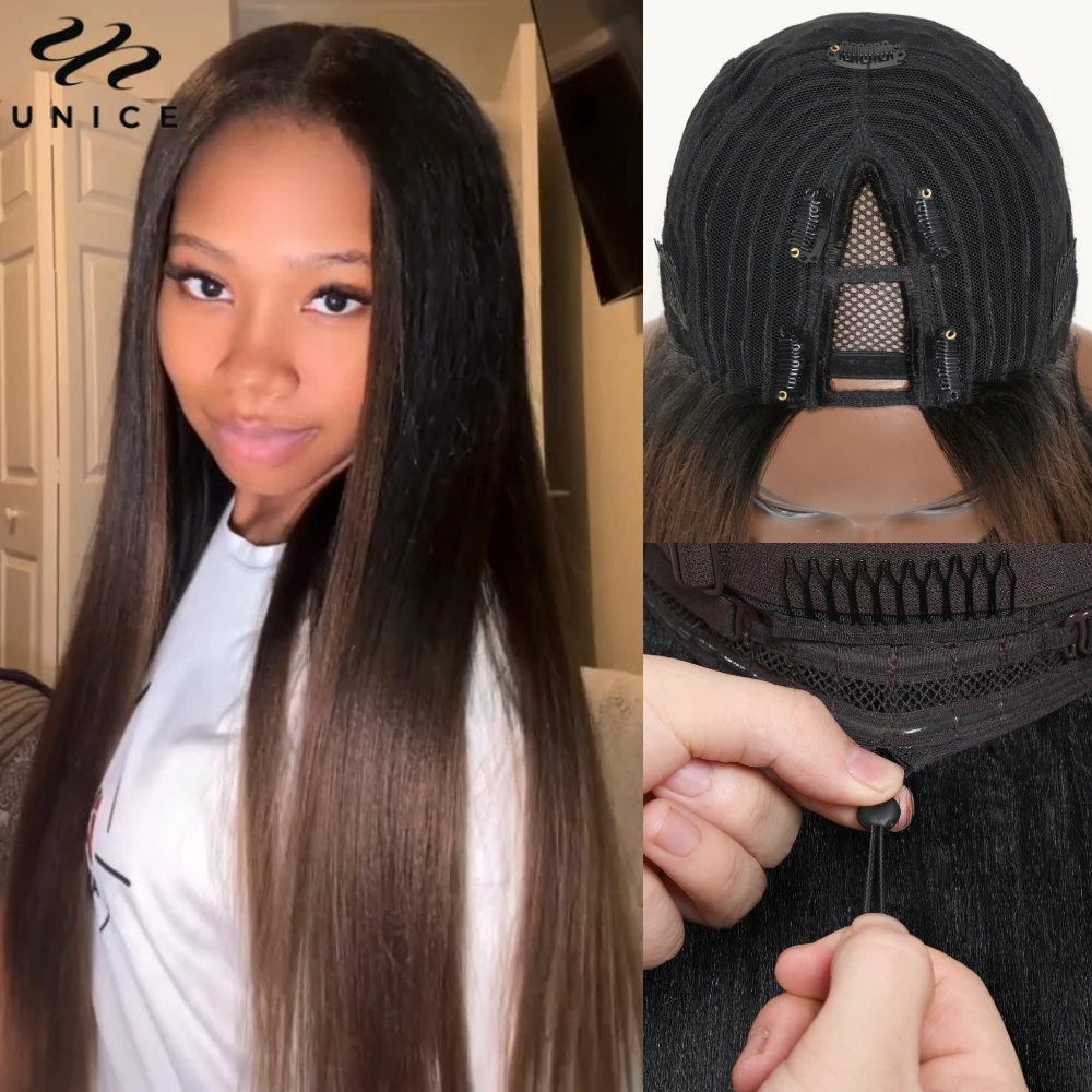 UNICE Website Same | EasiContour V Part Wig Chestnut Brown Ombre Yaki Straight Human Hair Wig With Drawstring 150% Density