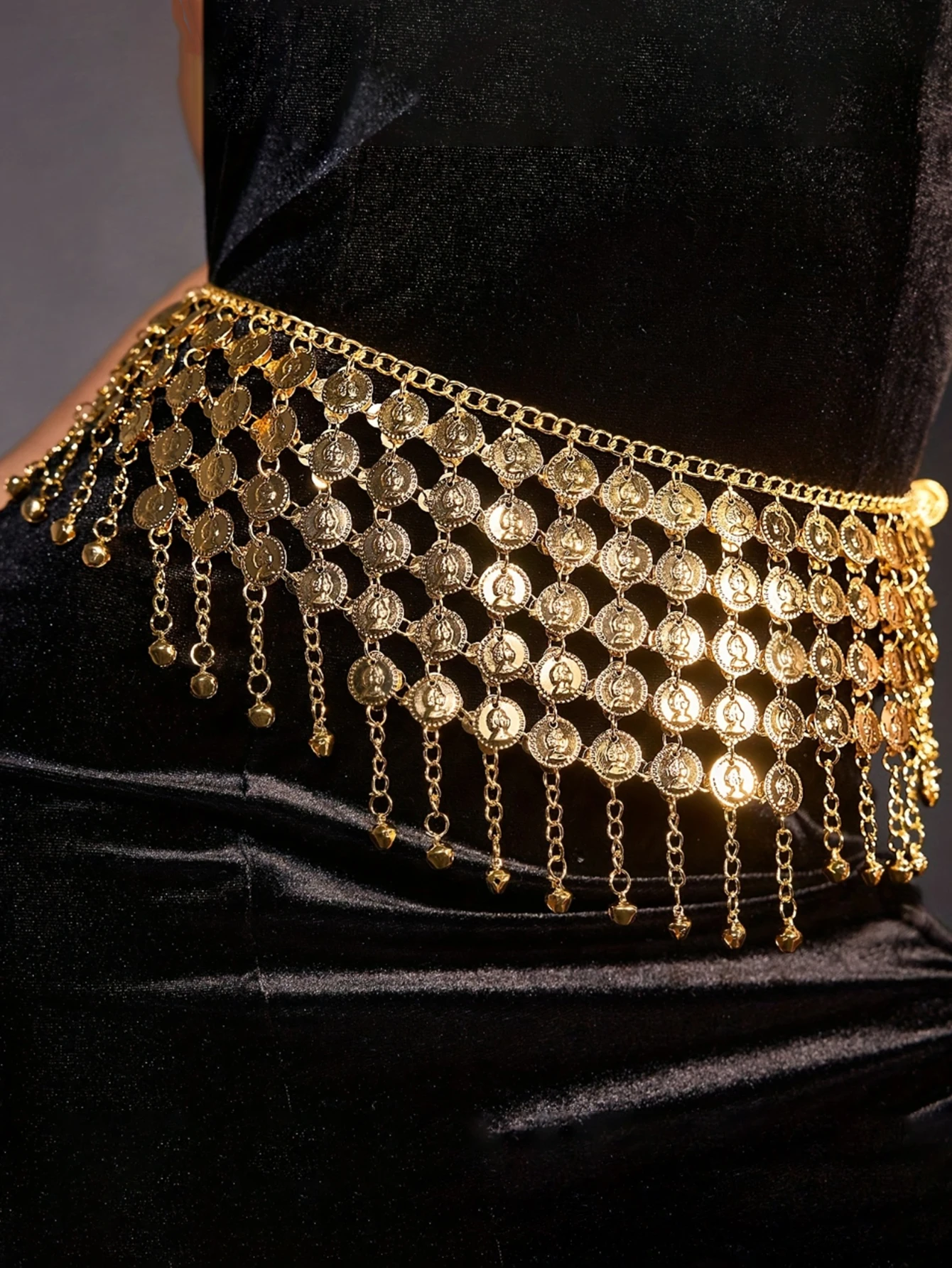 Boho Golden Coin Women's Belly Dance Gypsy Hip Skirt Scarf Wrap Belt for Cosplay Halloween Costume Accessory view 2